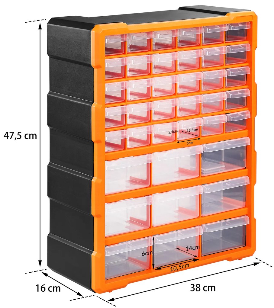 Organizador com 78 compartimentos para pequenas peças 47,5 x 38 x 16 cm Laranja + Cinzento