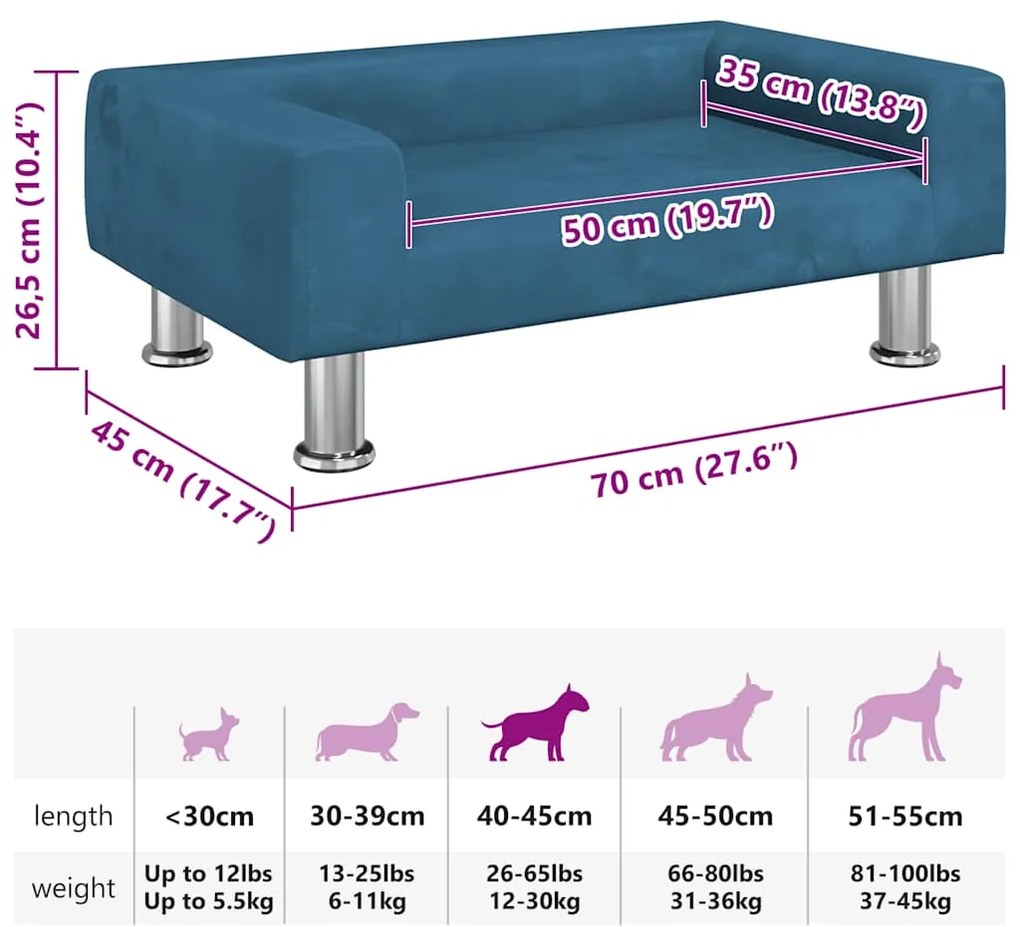 Cama para cães 70x45x26,5 cm veludo azul