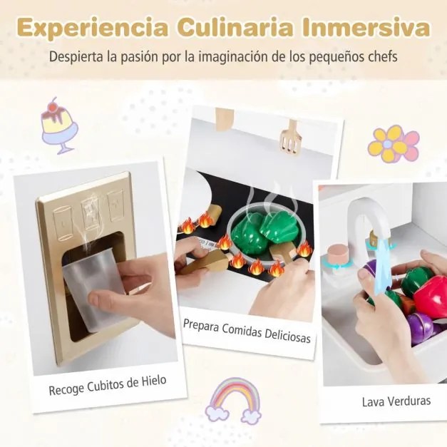 Cozinha brincar infantil de madeira 79,5 x 39,5 x 90,5 cm com 17 acessórios, forno e máquina de gelo, para crianças com mais de 3 anos, branca