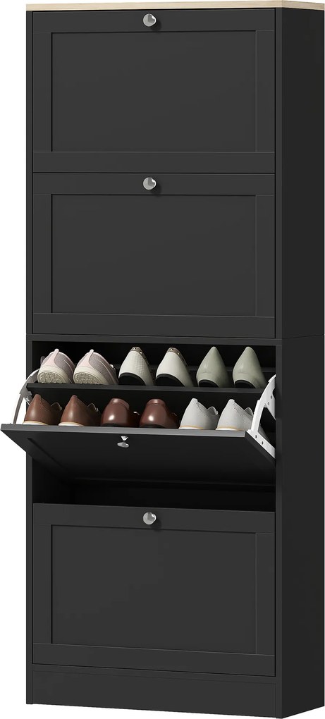Sapateira com capacidade para 24 pares 60 x 23,5 x 153 cm, com 4 gavetas rebatíveis e prateleiras ajustáveis, preto