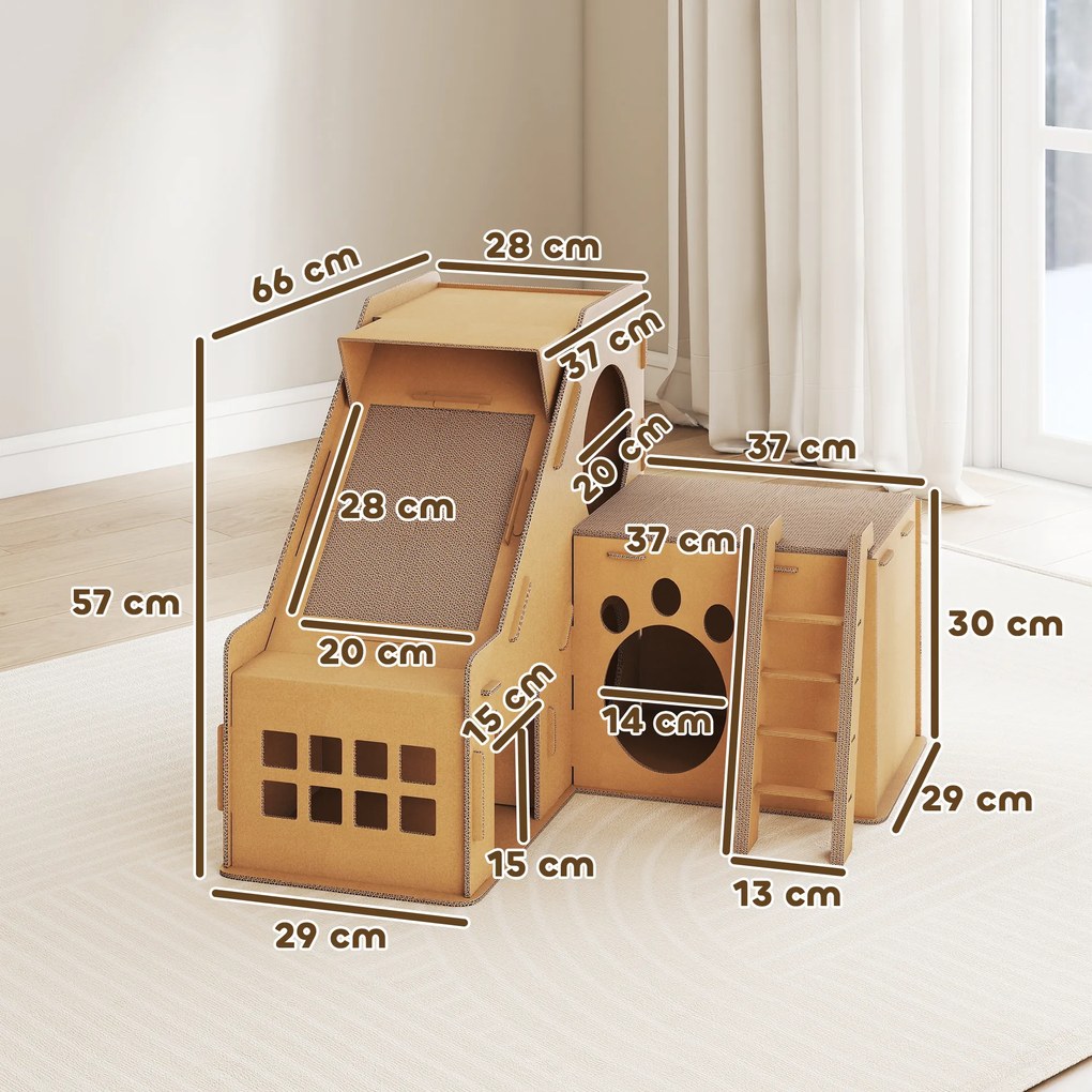 Arranhador para Gatos em Forma de Castelo 2 em 1 com 2 Áreas para Arranhar Catnip Rampa e Escada  67x66x57 cm Castanho