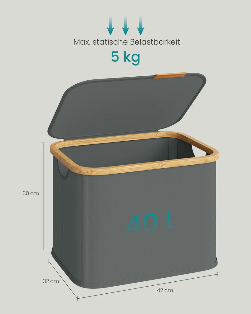 Cesto da roupa suja 42 x 32 x 30 cm com tampa, 40 litros, em tecido Oxford cinzento ardósia