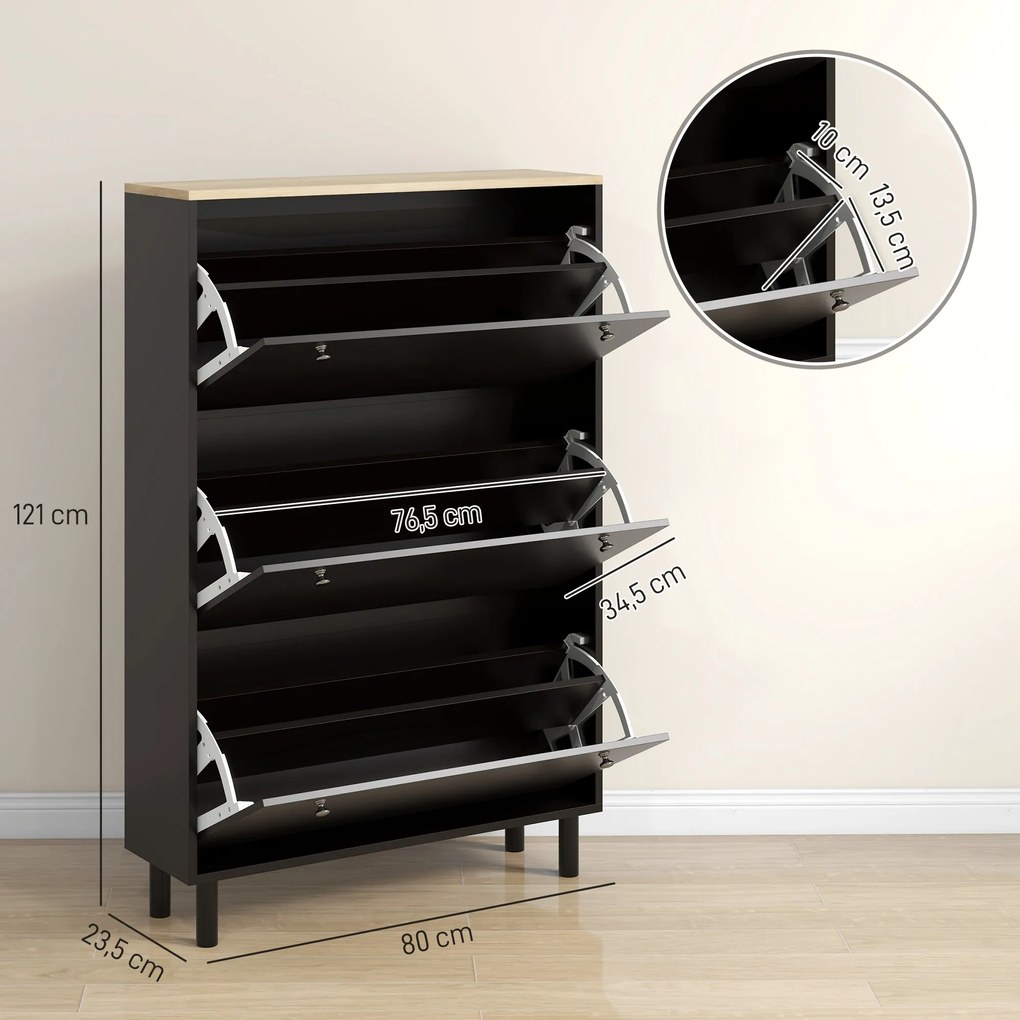 Sapateira, 80 x 23,5 x 121 cm, Capacidade para 24 Pares, Preto