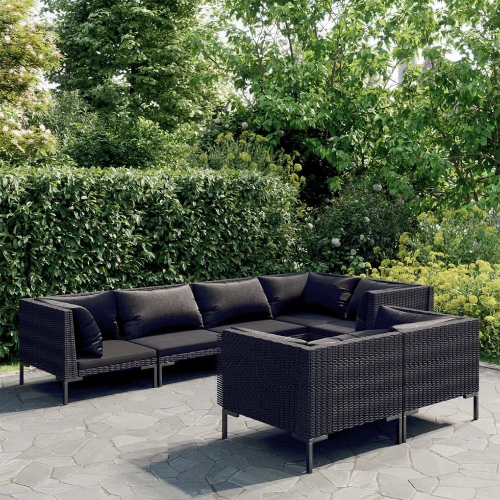 vidaXL 7 pcs conj. lounge jardim c/ almofadões vime PE cinzento-escuro