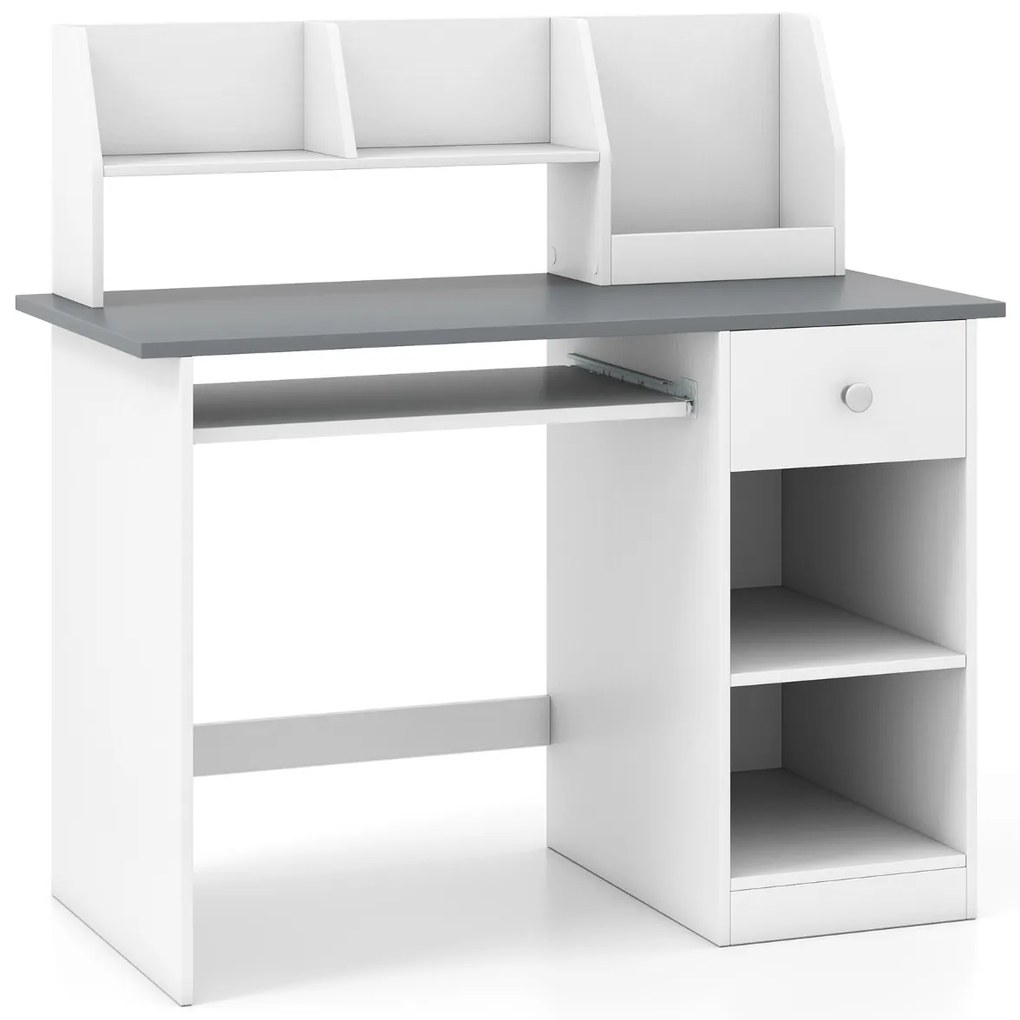 Secretária para crianças com bandeja para teclado, gaveta e estante multifuncional (CADEIRA NÃO INCLUIDA) cinza + branco