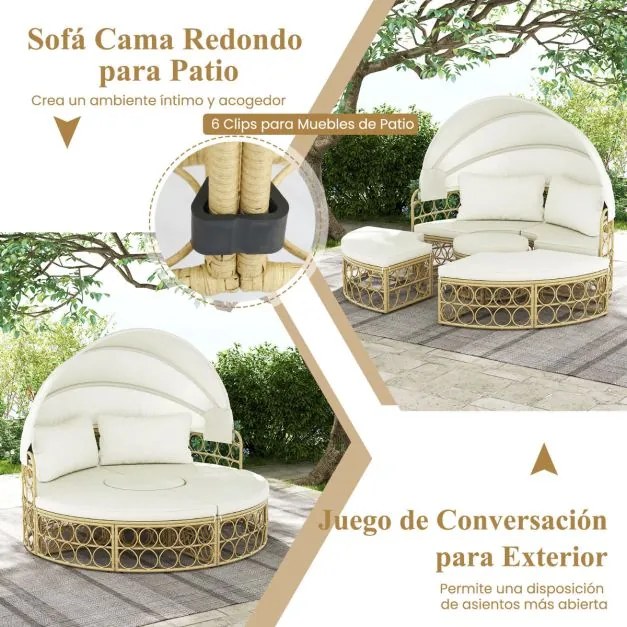 Cama redonda para Jardim exterior com toldo retrátil, assento seccional separado feito de vime PE com almofadas macias Bege