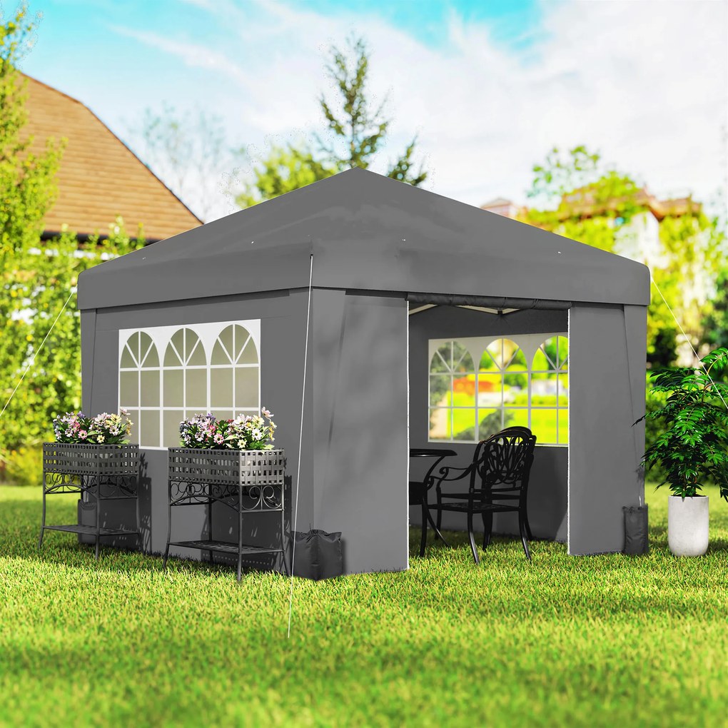Tenda de jardim dobrável 3 x 3 x 2,75 m com proteção UV 30+ com janelas + paredes laterais + saco de transporte cinzento escuro