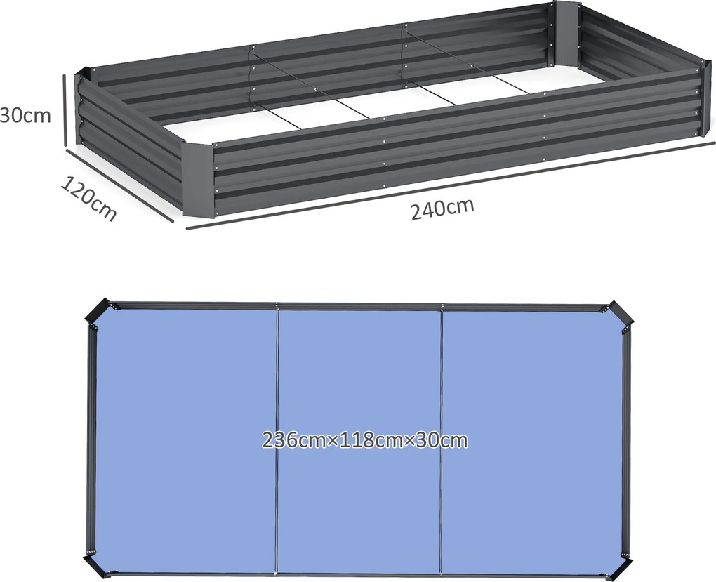 Floreira exterior 240 x 120 x 30 cm, galvanizada, com rebordo de segurança e fundo aberto, , cinzento escuro