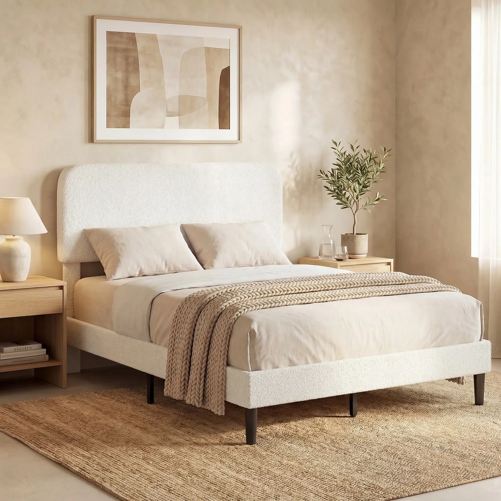Estrutura de cama 140 x 190 cm com base de cama (COLCHÃO NÃO INCLUIDO), cabeceira ajustável, cama de casal estofada em veludo Teddy, ripas de metal, b