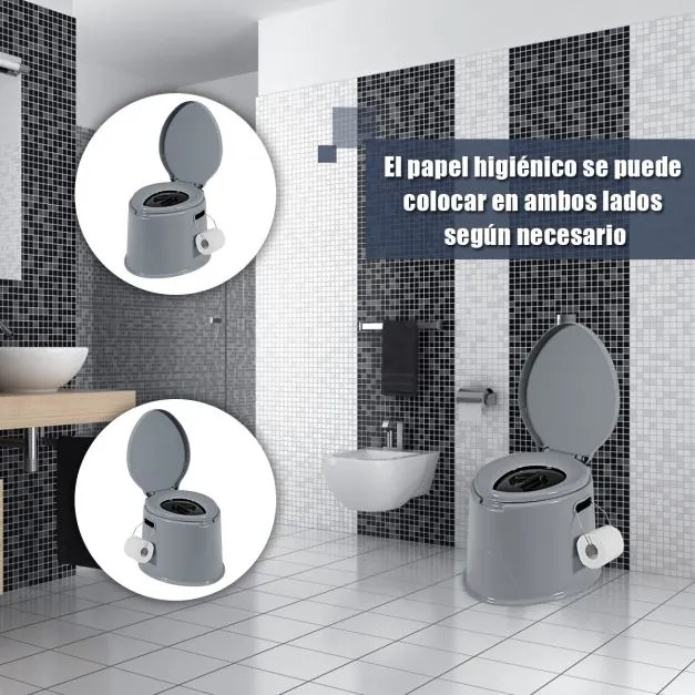 Sanita portátil para campismo 5 L, com tampa e cubo interno removível, WC portátil para viagens ao ar livre, 41 x 49 x 34 cm Cinzenta