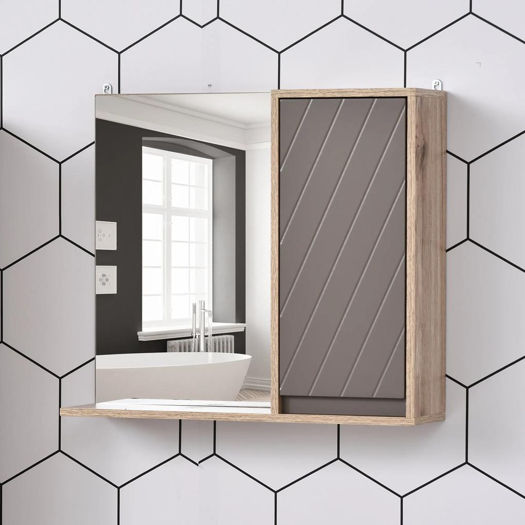 HOMCOM Armário de banheiro com espelho montado na parede com 1 porta e prateleira ajustável Estilo moderno 57x14,2x49,2 cm Carvalho e cinza