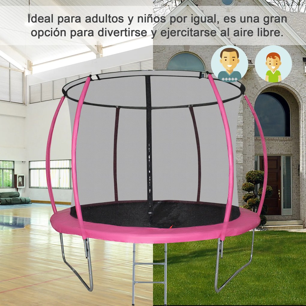 HOMCOM Trampolim de Jardim Φ244cm Trampolim para Crianças e Adultos com Rede de Segurança Cobertura nas Bordas e Escada para Exterior Rosa