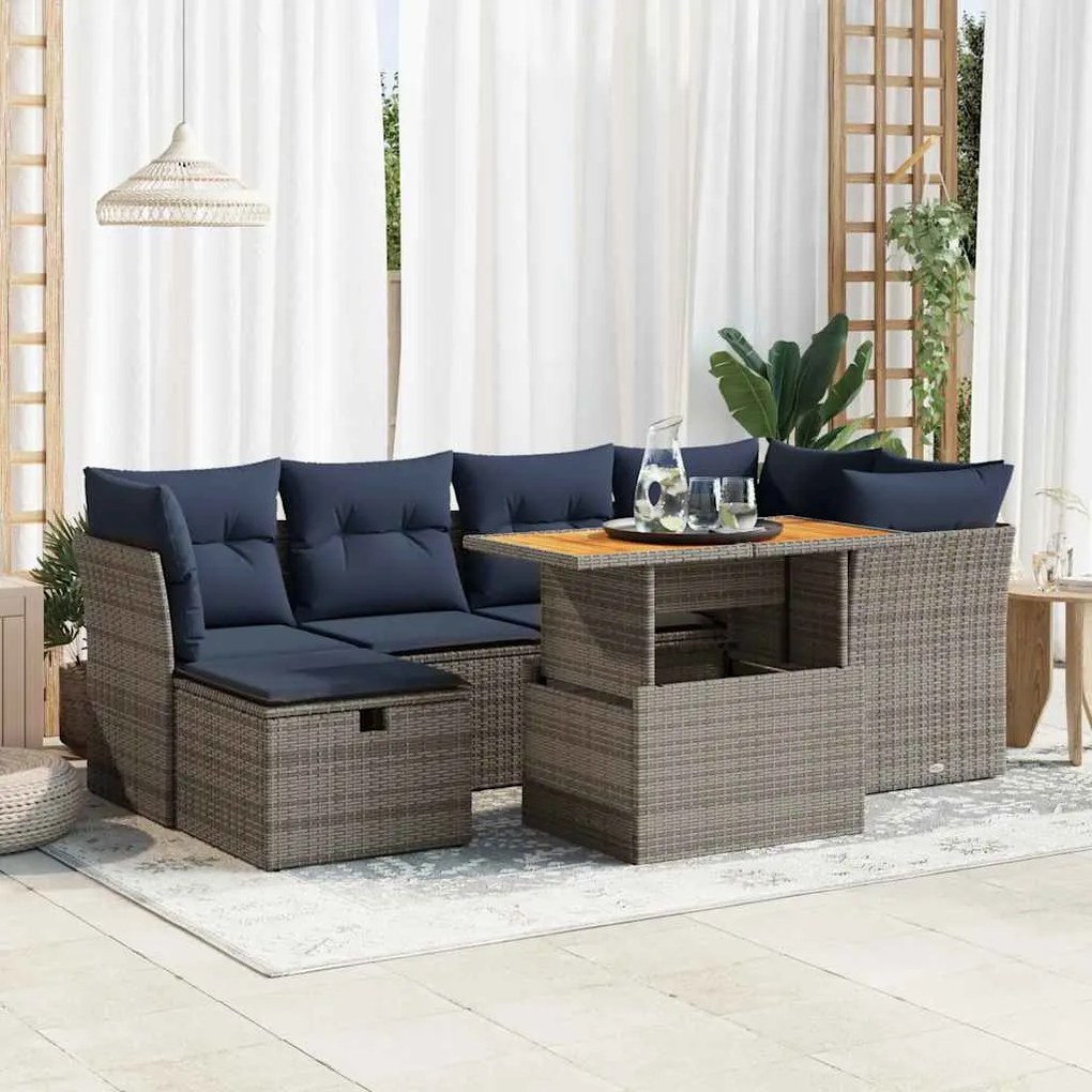 7 pcs conjunto sofás jardim c/ almofadões vime PE/acácia preto