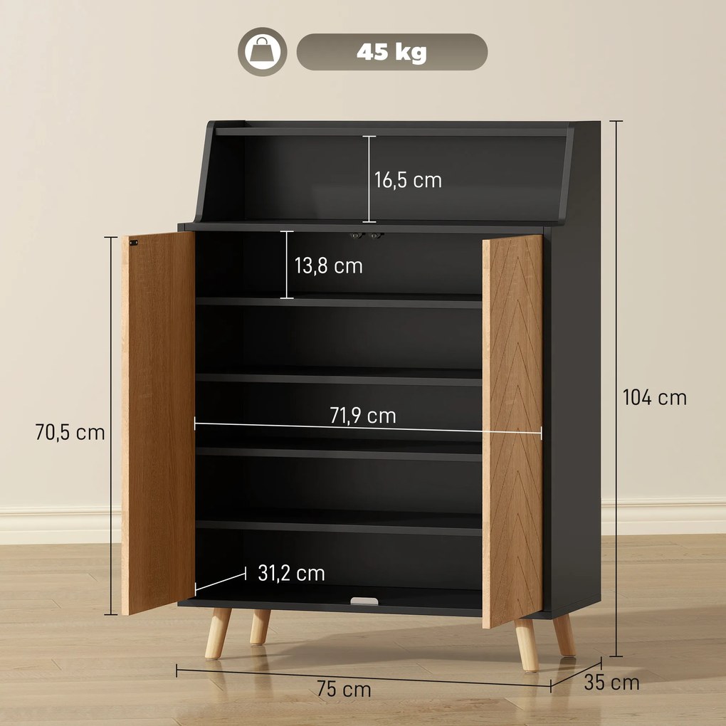 Sapateira para Entrada com Prateleiras Ajustáveis para 15 Pares de Sapatos 75x35x104 cm Preto e Madeira