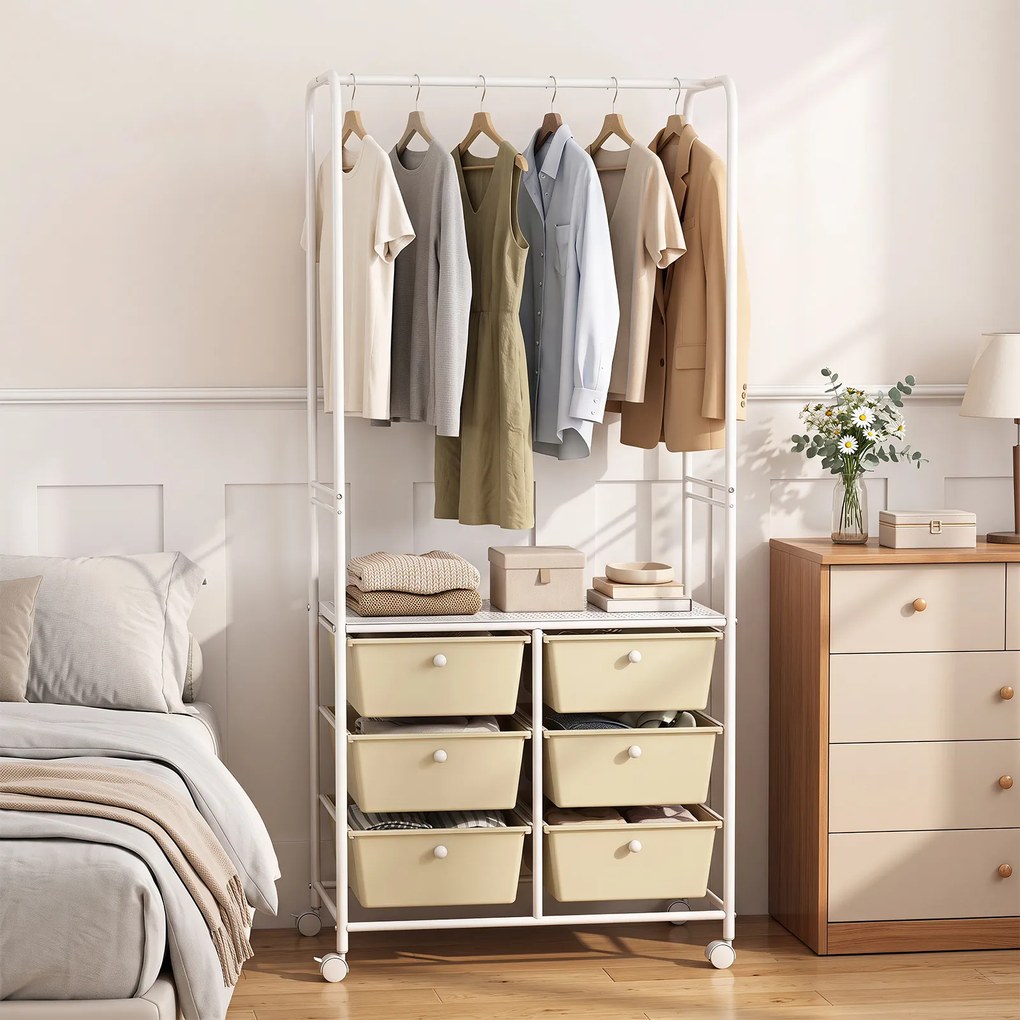 Guarda roupa aberto, 63 x 38 x 152 cm, 6 Gavetas e Rodas com Travão, Branco