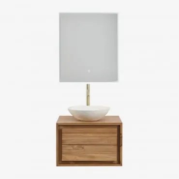 Conjunto De Móveis De Banheiro Em Madeira De Teca Jabari Madeira De Teca & Cimento Redondo Branco Ø40 Cm Zavion & Led Retangular - Sklum