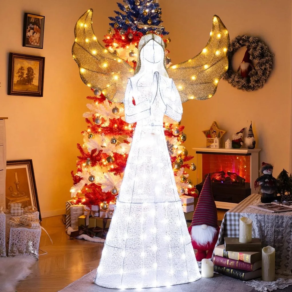 Anjo natal pré-iluminado de 155 cm Decoração de jardim iluminada com asas em forma de auréola e 150 luzes LED Figura de Natal com asas Flanges e estac