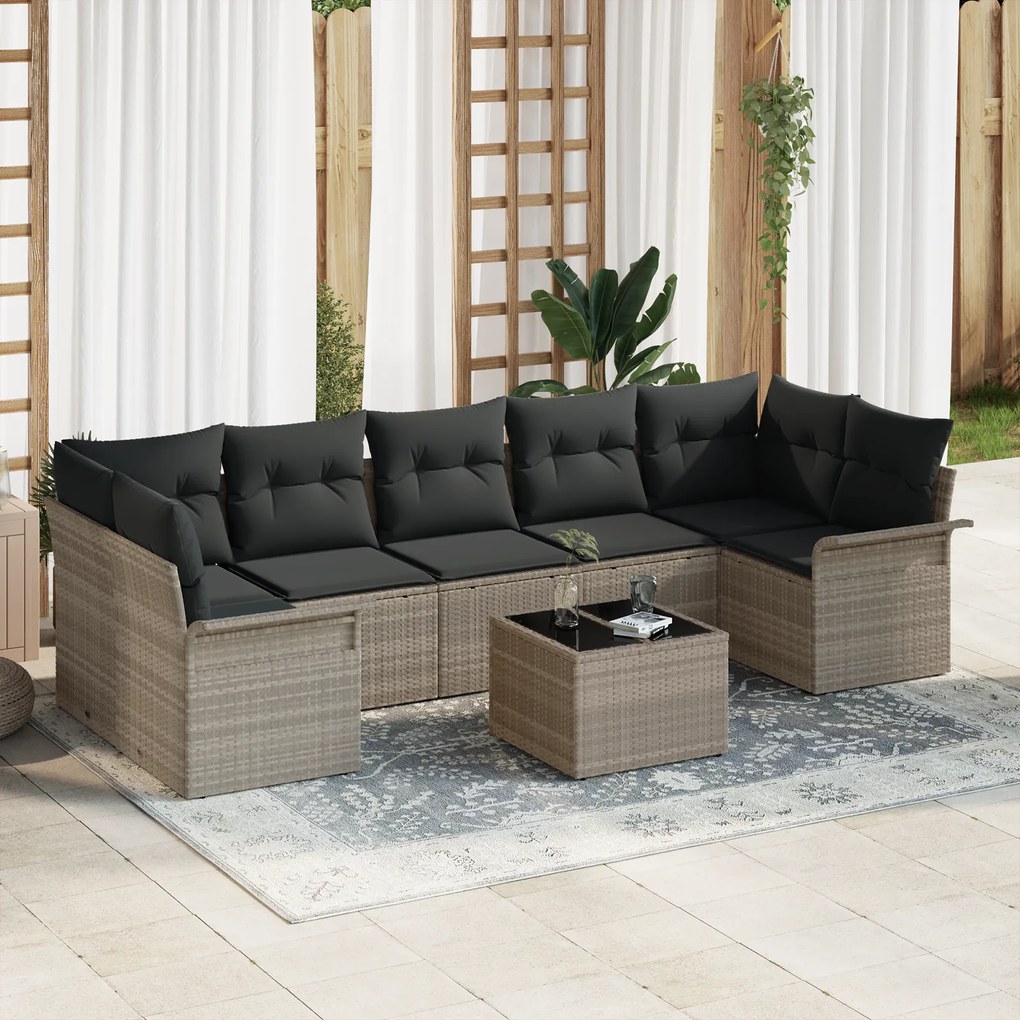 Conjunto de Sofá de Jardim vidaXL de 8 Peças com Almofadas Cinza Claro de Rattan Poliéster