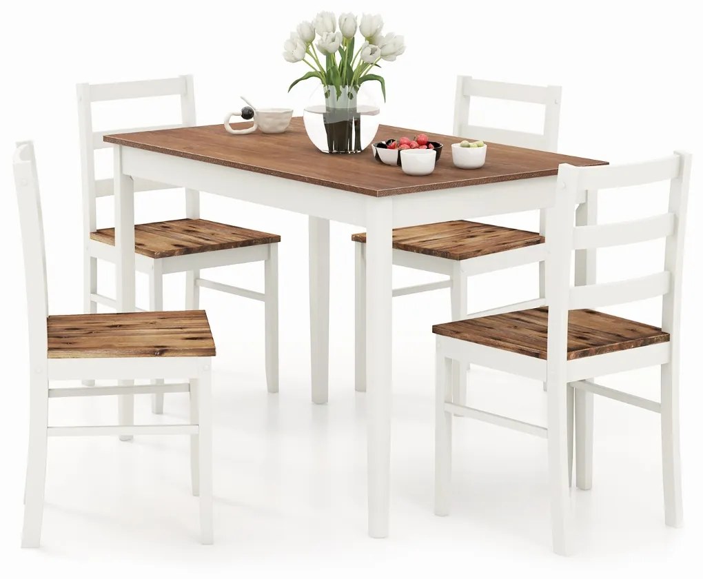 Conjunto de mesa retangular e 4 cadeiras de madeira maciça estilo rústico para sala de jantar restaurante café e branco