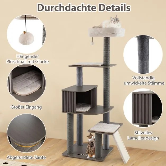 Arranhador para gatos de 171 cm com caverna cinzento