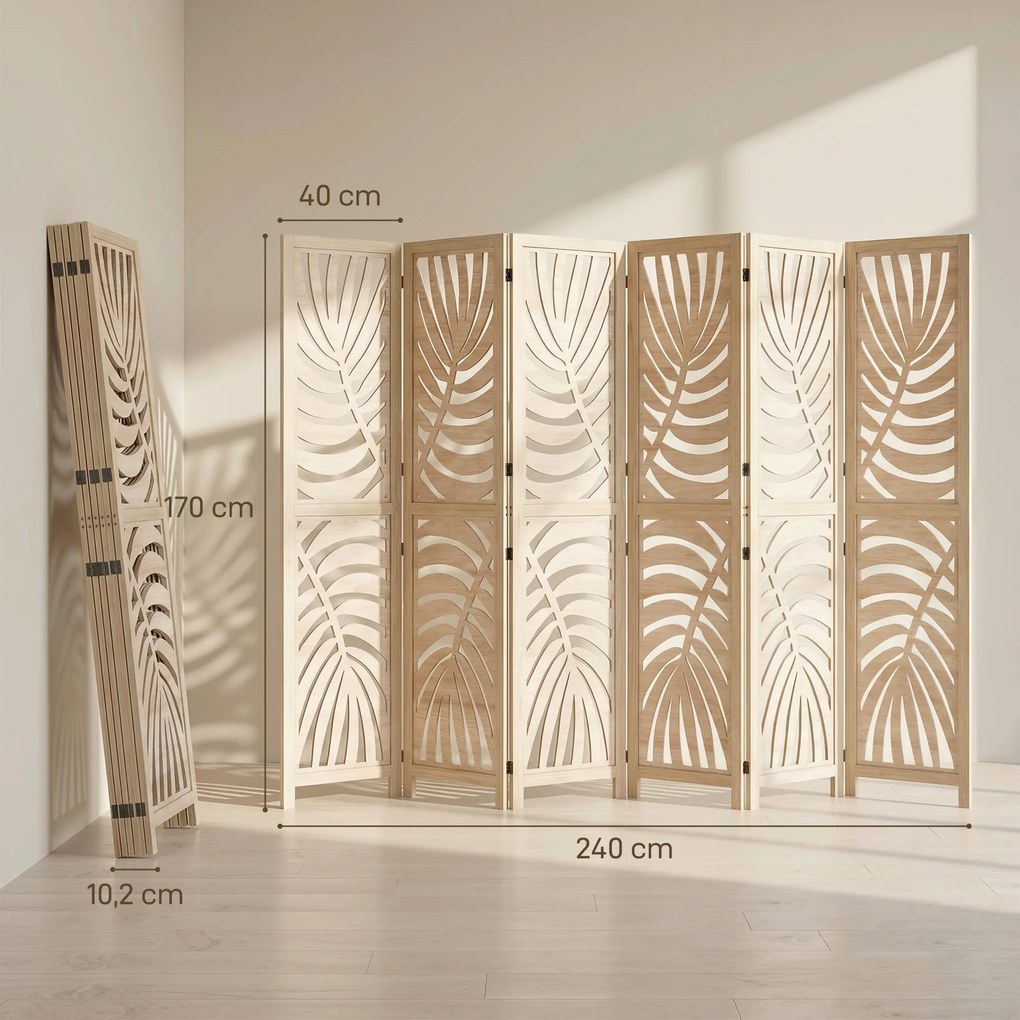 Biombo de interior em madeira com 6 painéis, 240 x 170 cm, dobrável e portátil, com padrão de folhas, design amovível, madeira natural