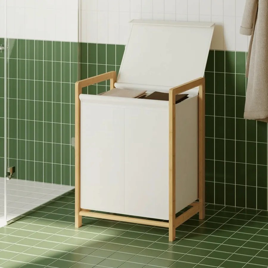 Cesto para roupa suja 100L, 45 x 40 x 78 cm com estrutura em bambu e dois compartimentos creme