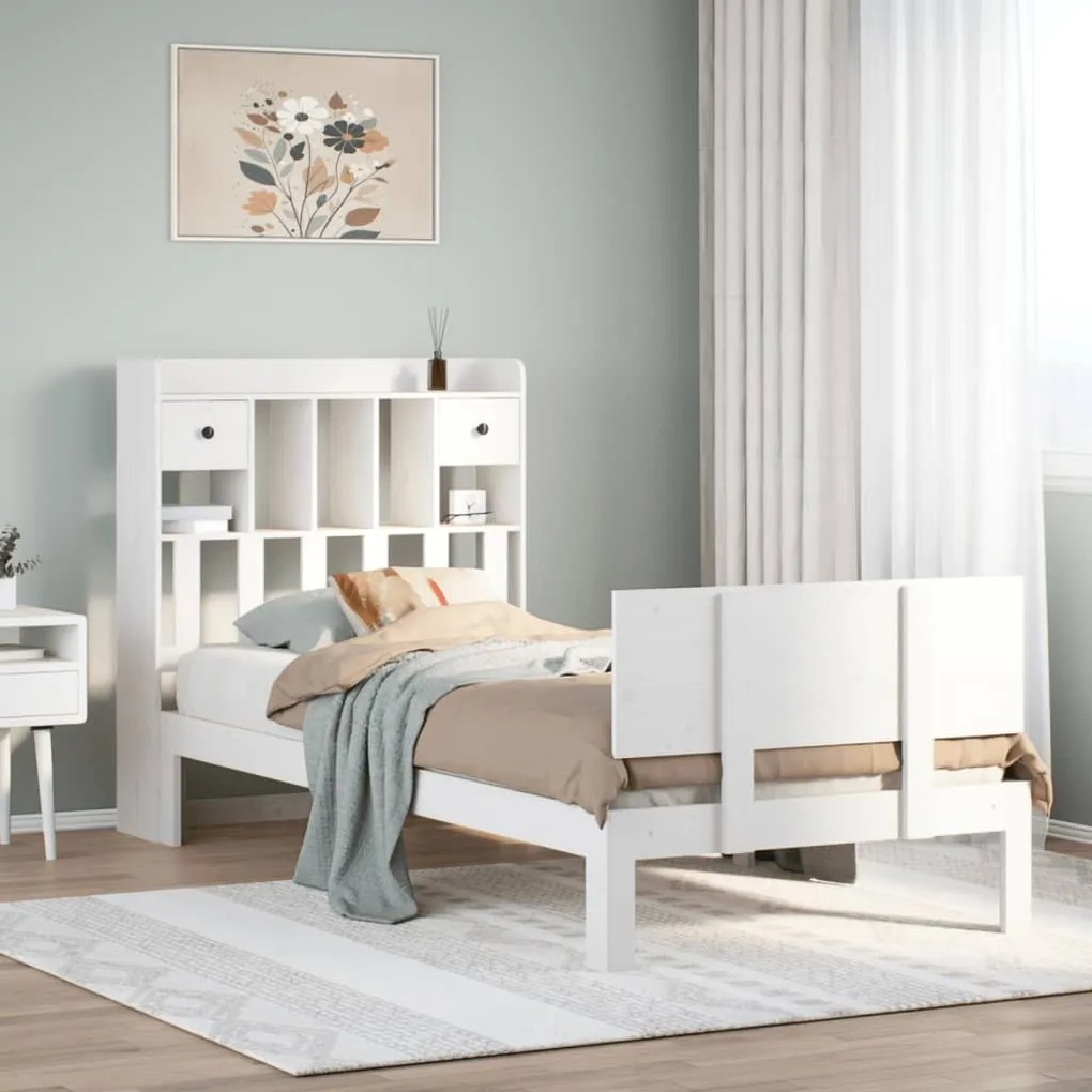 vidaXL Cama com estante sem colchão 90x200 cm pinho maciço branco