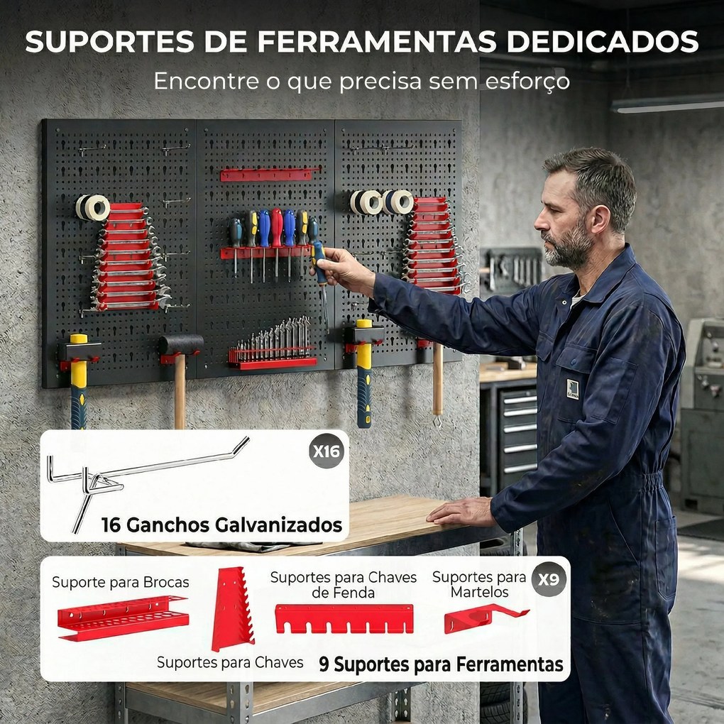Organizador de Ferramentas de Parede com 28 Peças cada painel 60x40 cm com Ganchos e Suportes Preto e Vermelho