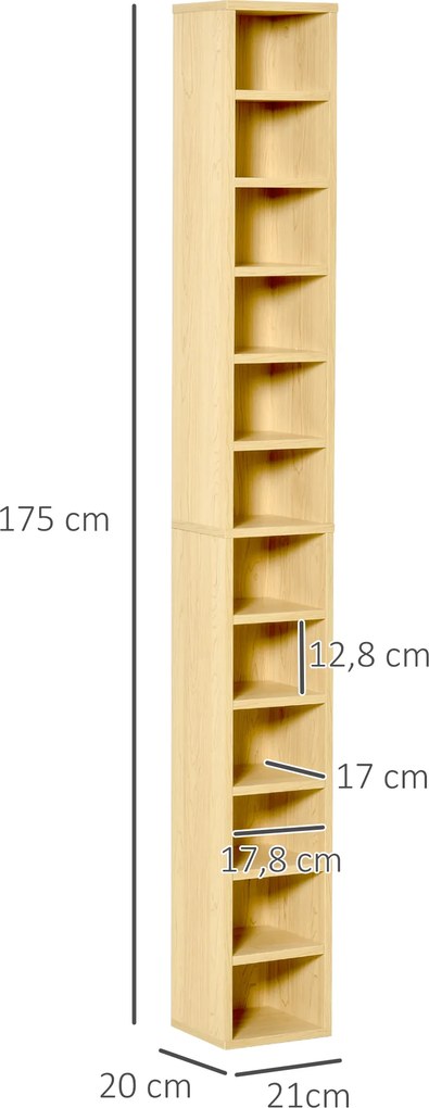 Organizador para CD e DVD , 21 x 20 x 175 cm, estante vertical, móvel de arrumação com 12 compartimentos, capacidade máxima de 204 CD, madeira natural
