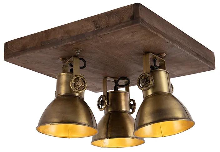 Candeeiro de tecto em bronze com madeira 3 luzes - Mangoes Industrial