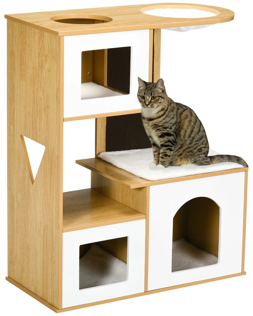 PawHut Casa para Gatos com 3 Casas de Madeira Almofadas Laváveis Placa de Arranhar e Rede 76x37x92,5cm Carvalho