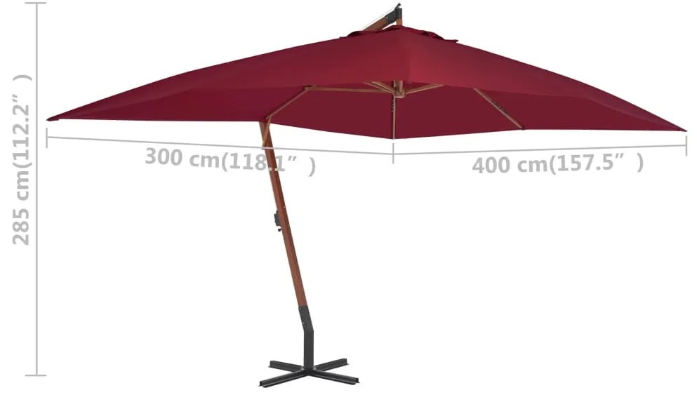 Guarda-sol jardim cantilever c/ poste madeira 400x300 cm bordô
