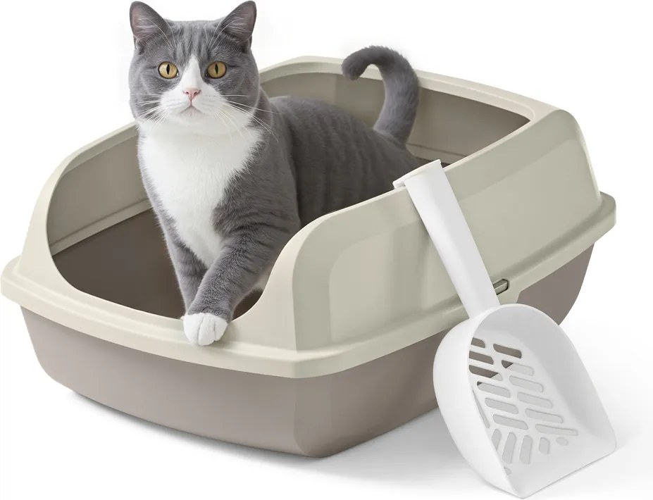 Caixa de areia para gatos com paredes laterais altas 50,5 x 37,5 x 19,5 cm, XL Bege