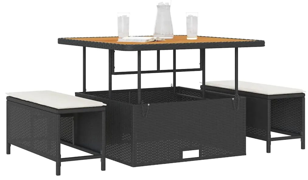 Conjunto de Jantar de Jardim com 3 Peças e Almofadas Preto em Rattan P