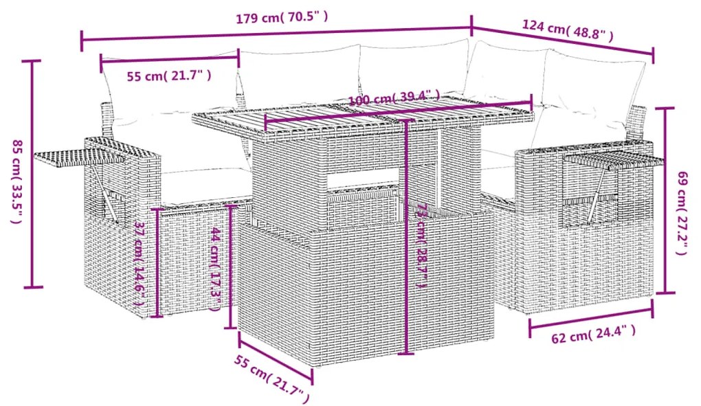 5 pcs conjunto de sofás p/ jardim com almofadões vime PE bege