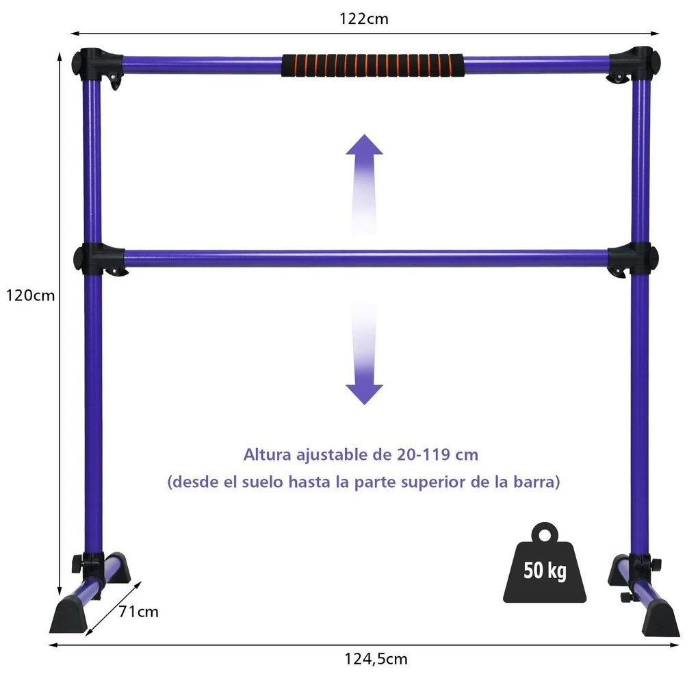 Barra dupla para ballet portátil com altura ajustável para meninas Adultos Fitness Dançar Alongar músculos 124,5 x 71 x 120 cm Violeta