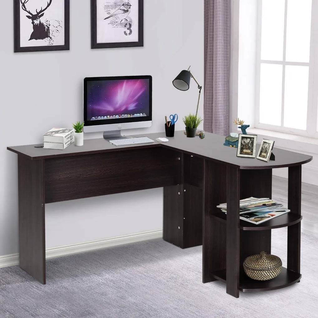 Mesa de Computador PC Escritório para Oficina Casa Tipo Esquineira Forma L com Estantes Negro - 136.2x130.4x72cm