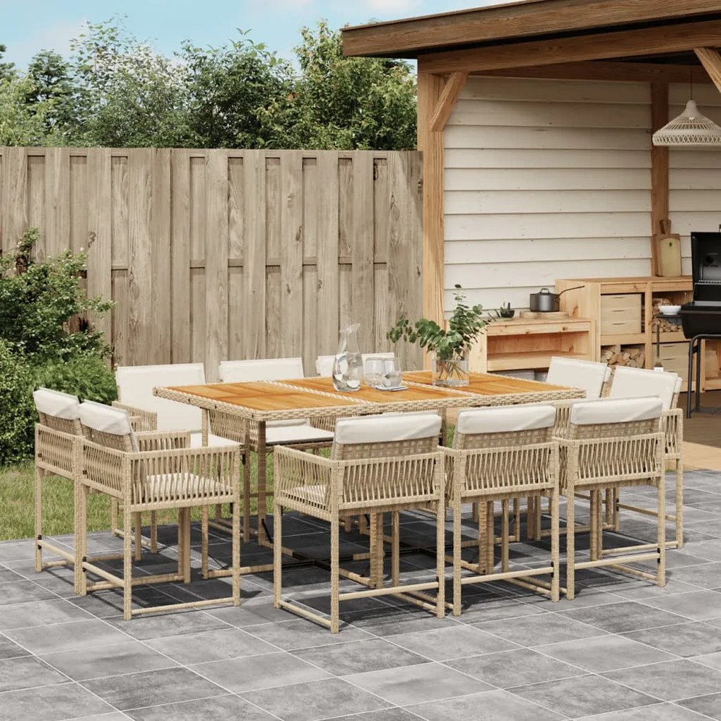 vidaXL 11 pcs conjunto de jantar p/ jardim com almofadões vime PE bege