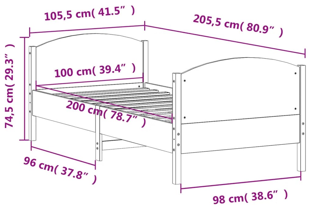 Estrutura cama c/ cabeceira 100x200cm pinho maciço castanho-mel