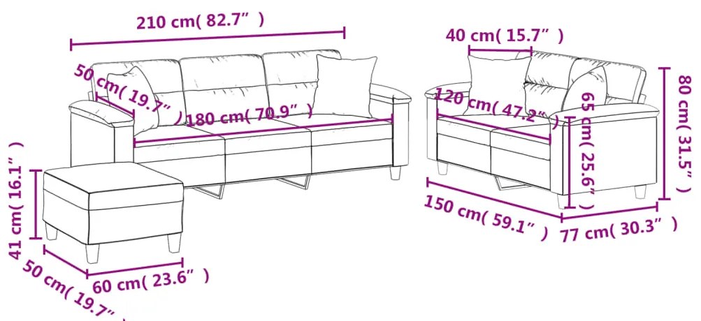 3 pcs conjunto sofás c/ almofadas microfibra cinza-escuro