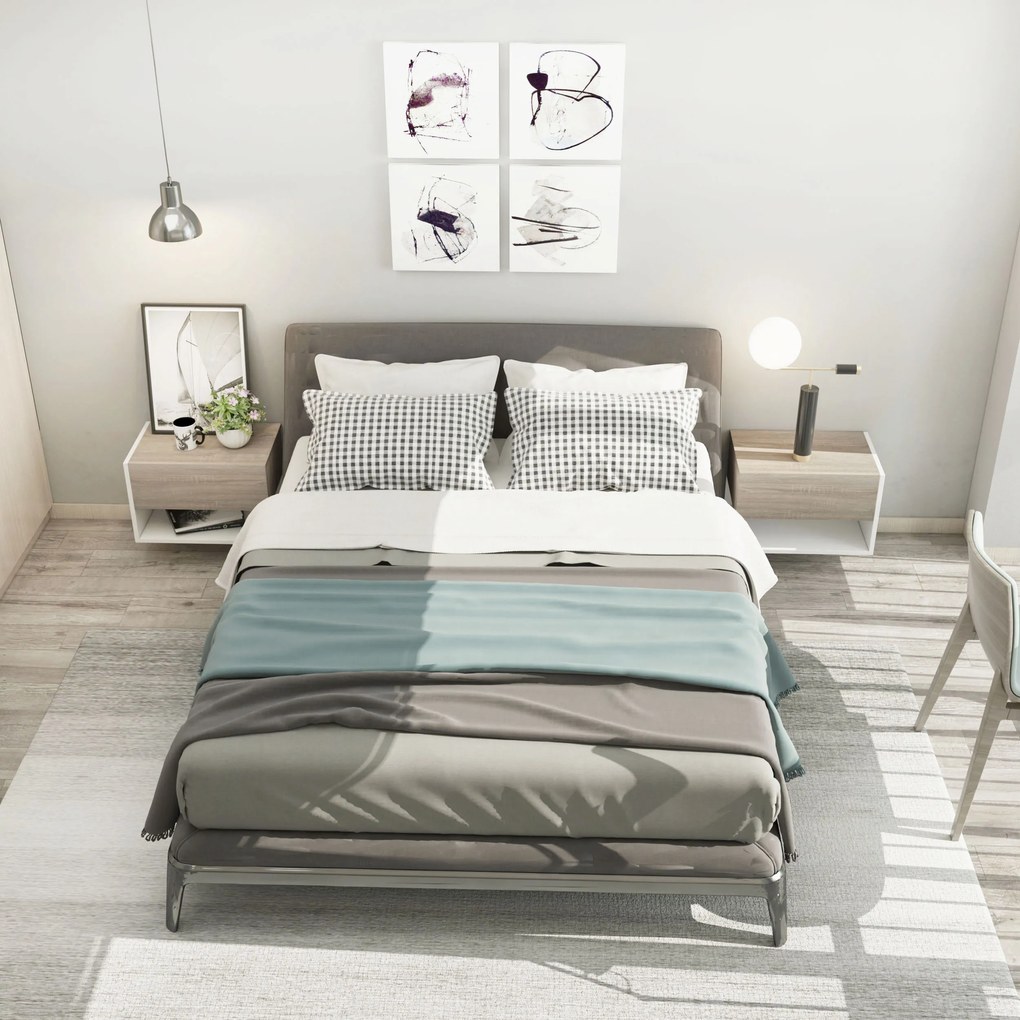 Conjunto de 2 Mesas de Cabeceira Flutuantes com 1 Gaveta e Prateleira Aberta 46x30x30 cm Carvalho e  Branco