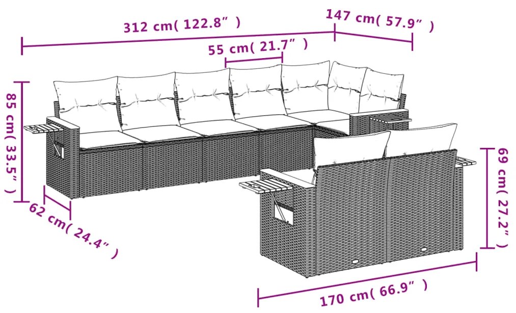 8 pcs conjunto de sofás p/ jardim com almofadões vime PE bege