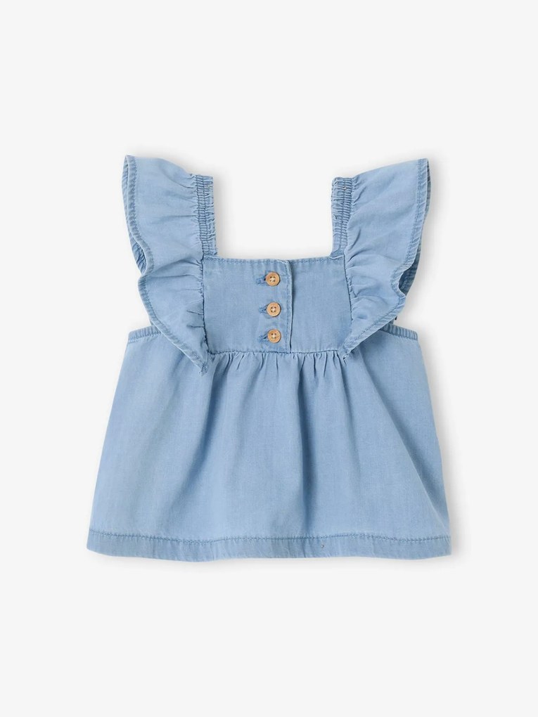 Blusa de mangas curtas com folhos, em ganga leve, para bebé ganga bleached