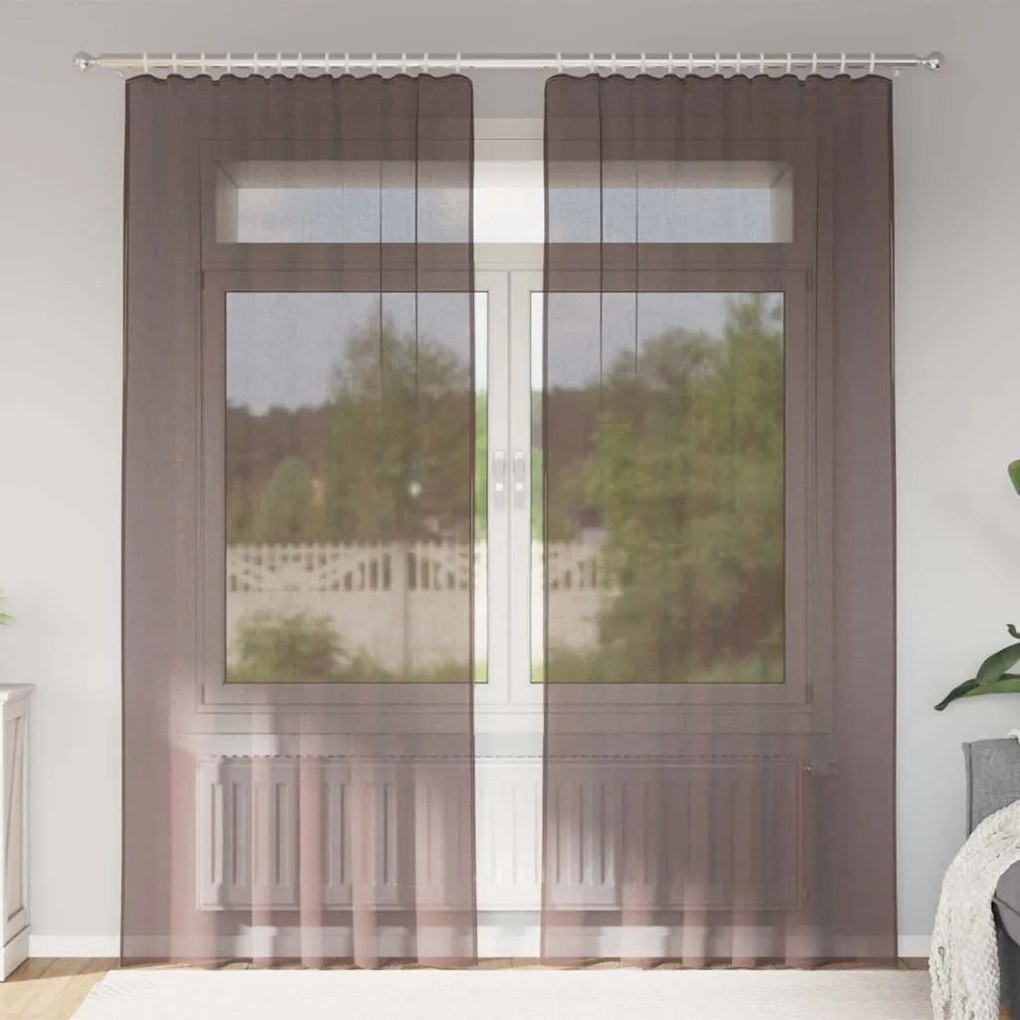 Cortinas de voile com bolsos para varão 2 pcs castanho