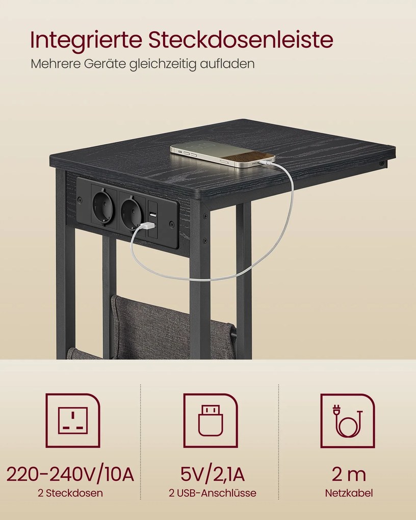 Mesa de apoio em forma de C com 2 tomadas eletricas 30 x 40 x 62 cm preto