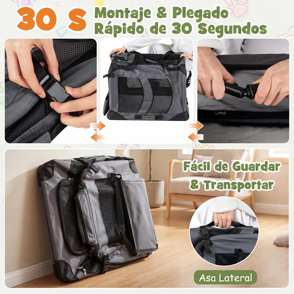 Transportadora dobrável tamanho M 72 x 52,5 x 52,5 cm para animais de estimação, com janelas de rede, 3 portas, cama felpuda e bolsos removíveis, para
