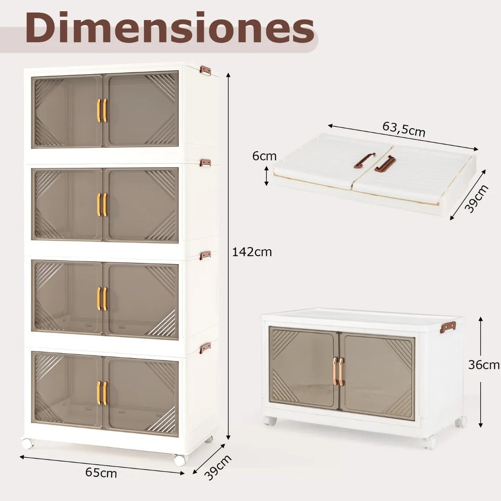 4 Caixas de armazenamento 284 L com tampa empilháveis com rodas e portas Organizador dobrável para quarto Branco