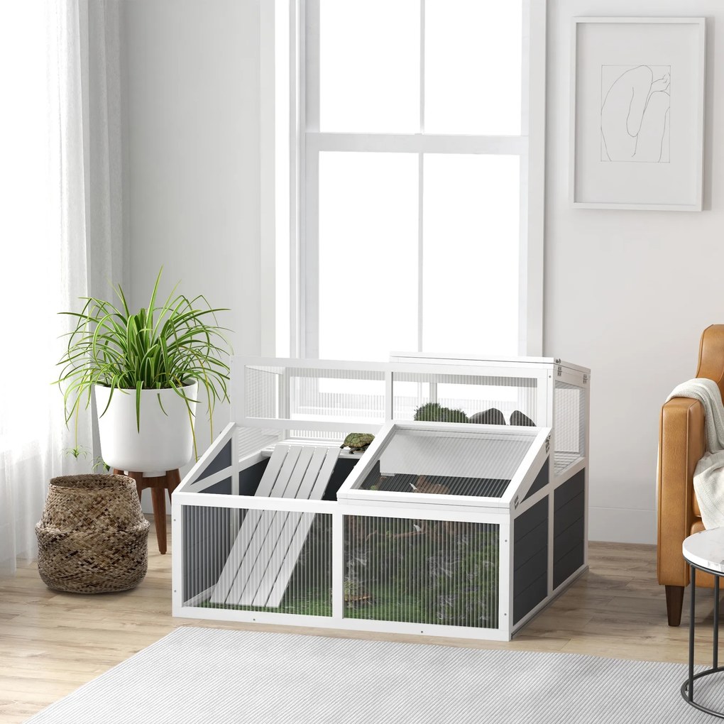 Recinto para pequenos animais com 2 compartimentos, teto em policarbonato, 3 portas e rampa – 115 x 115 x 82 cm – cinzento