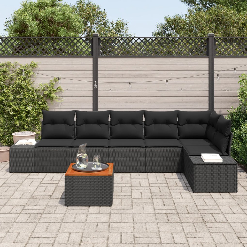 Conjunto de Sofá de Jardim de 7 Peças com Almofadas Preto Rattan Sinté