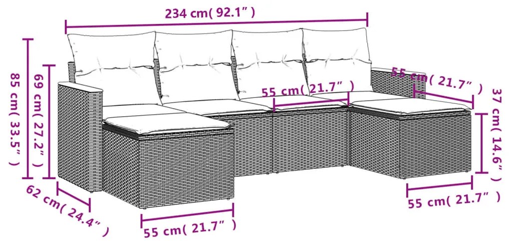 6 pcs conjunto de sofás p/ jardim com almofadões vime PE bege